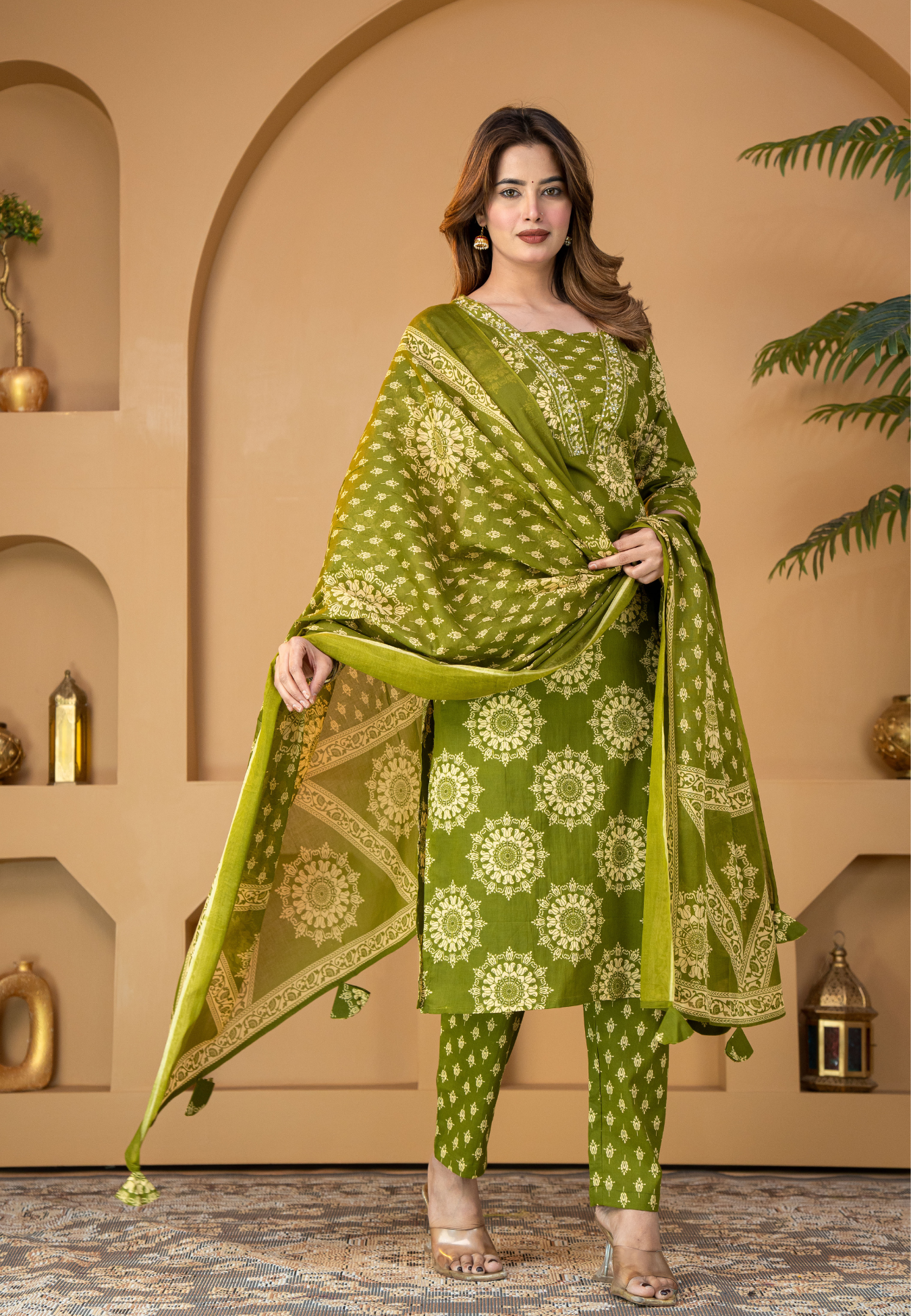 Olive Mandala Floral Print Cotton Kurta Set With Dupatta