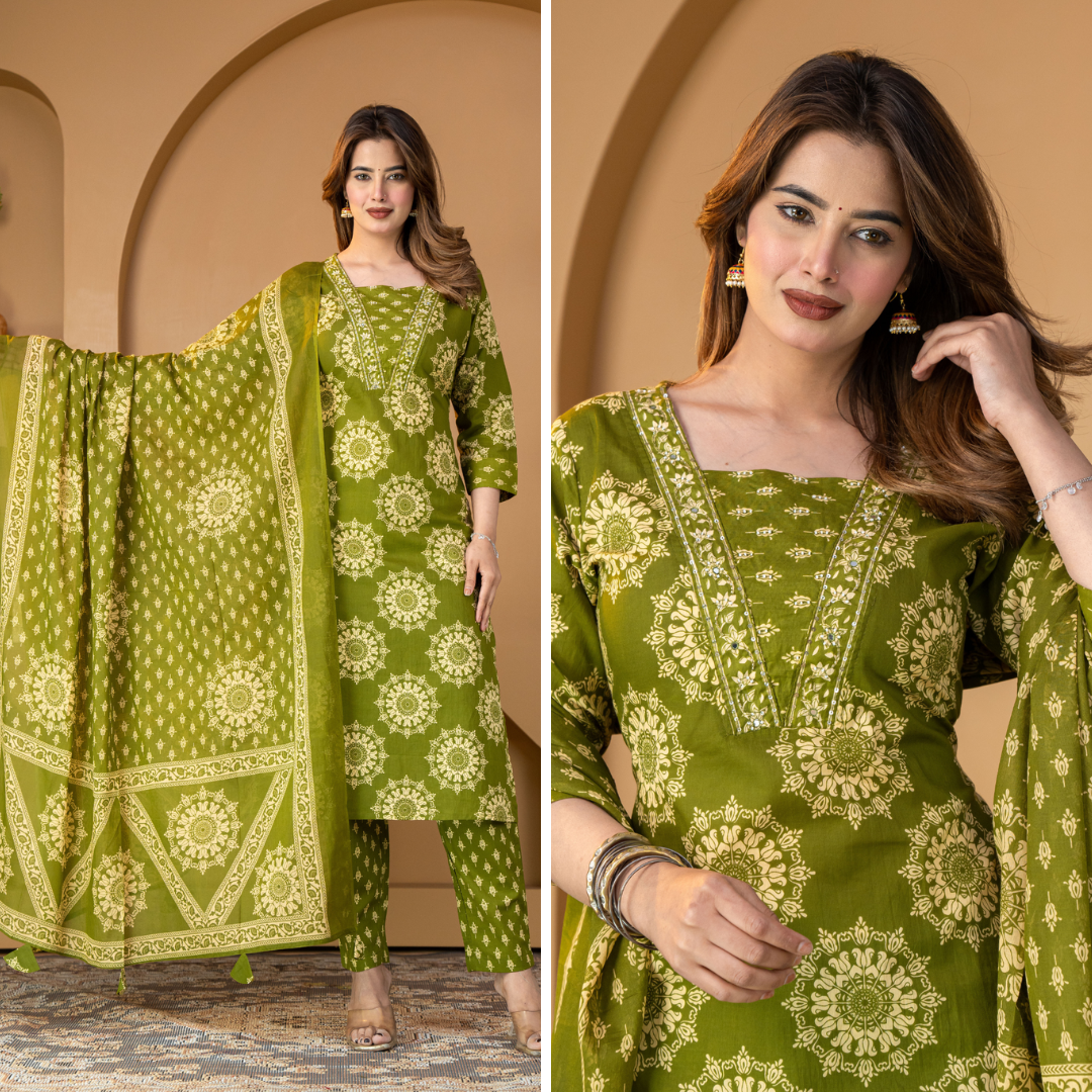 Olive Mandala Floral Print Cotton Kurta Set With Dupatta