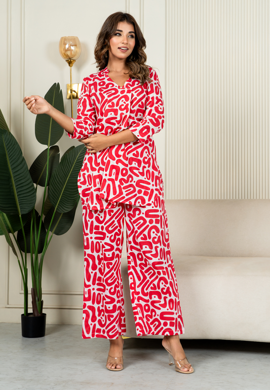 Red Scribble Pure Cotton Loungewear Set