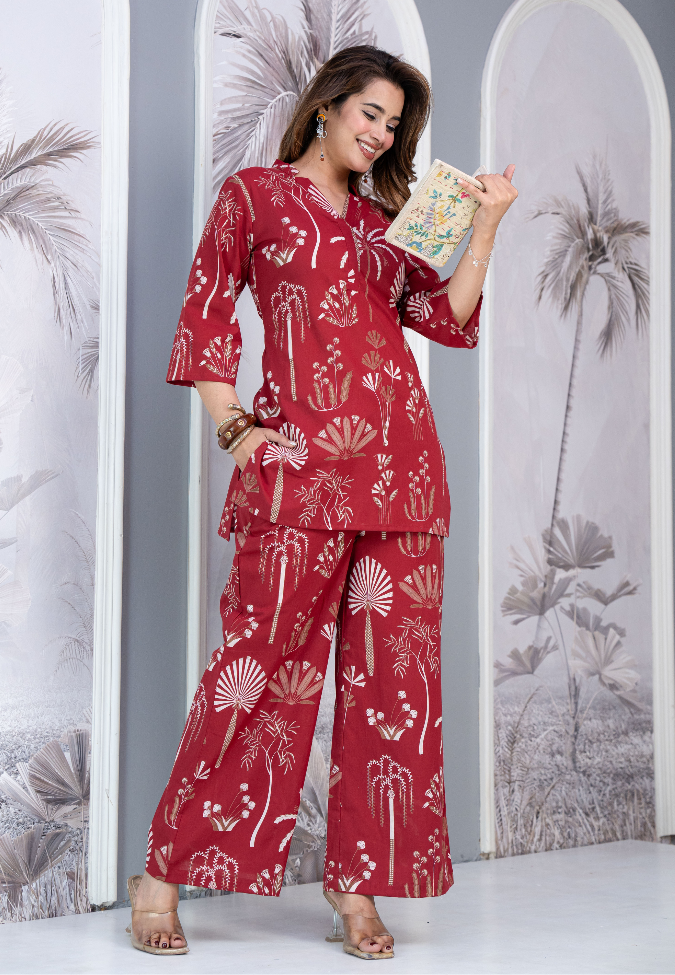 Red Palm cotton Co-ord Set