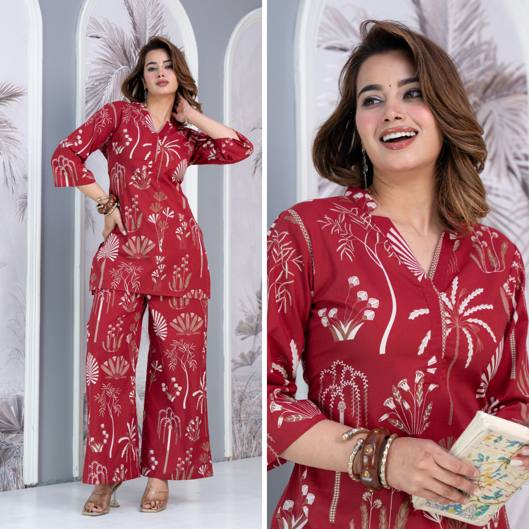 Red Palm cotton Co-ord Set