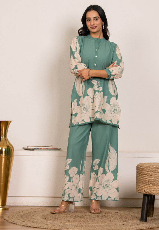 Sage Green Cotton Co-ord Set for Women | Floral Kurta & Pants