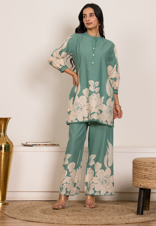 Sage Green Cotton Co-ord Set for Women | Floral Kurta & Pants