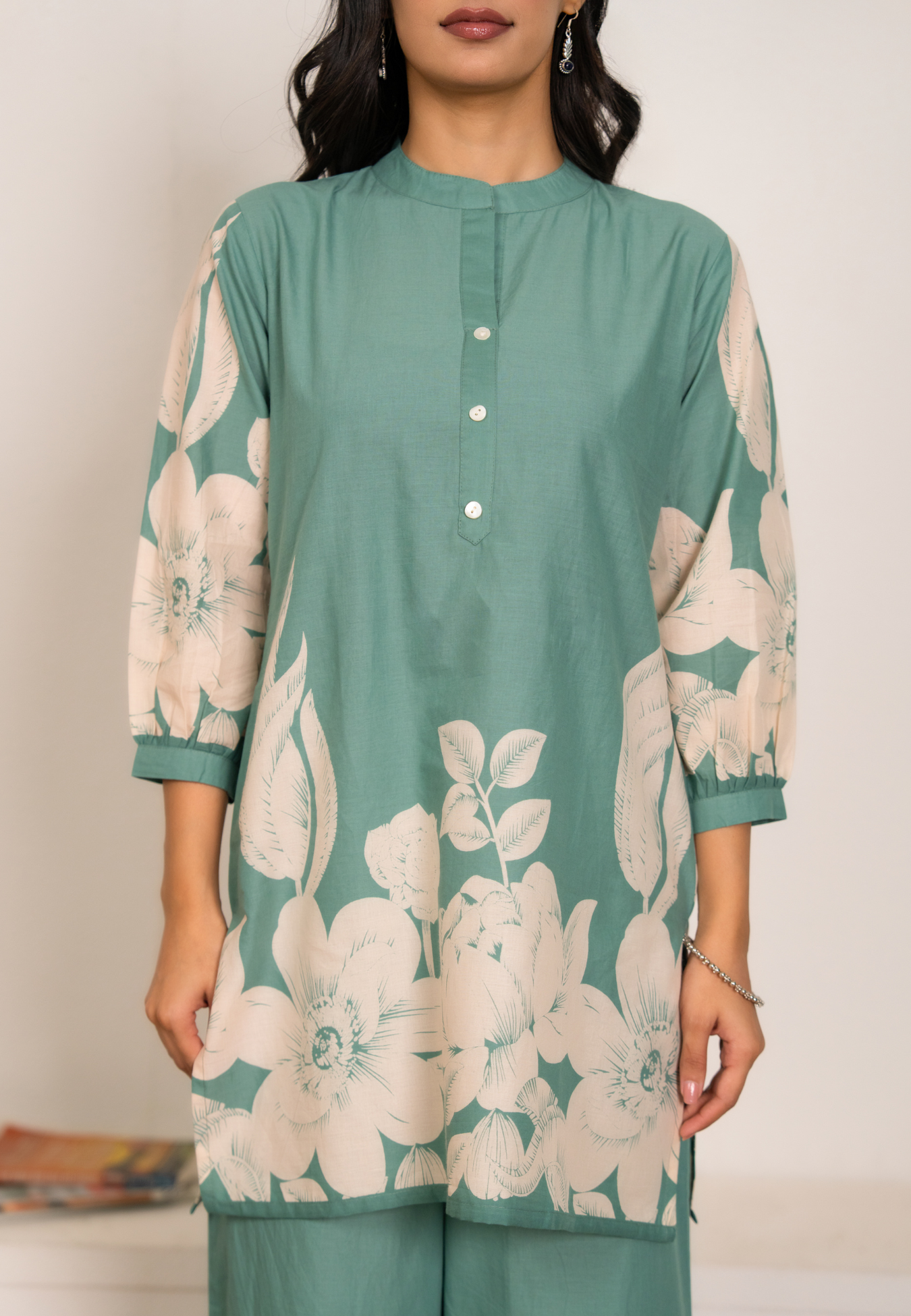 Sage Green Cotton Co-ord Set for Women | Floral Kurta & Pants