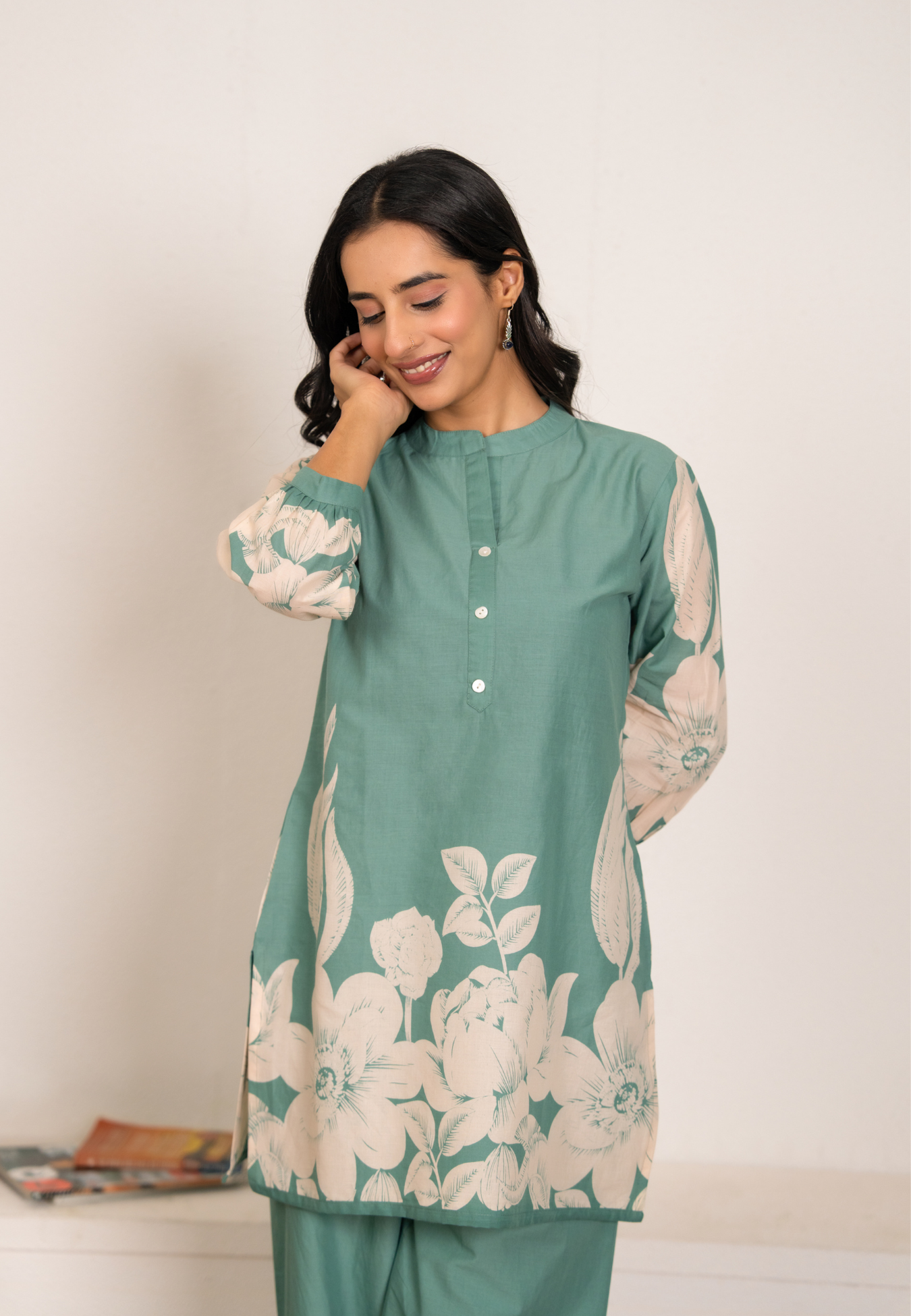 Sage Green Cotton Co-ord Set for Women | Floral Kurta & Pants