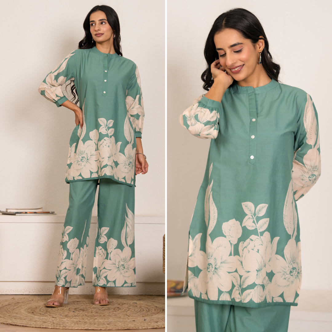 Sage Green Cotton Co-ord Set for Women | Floral Kurta & Pants