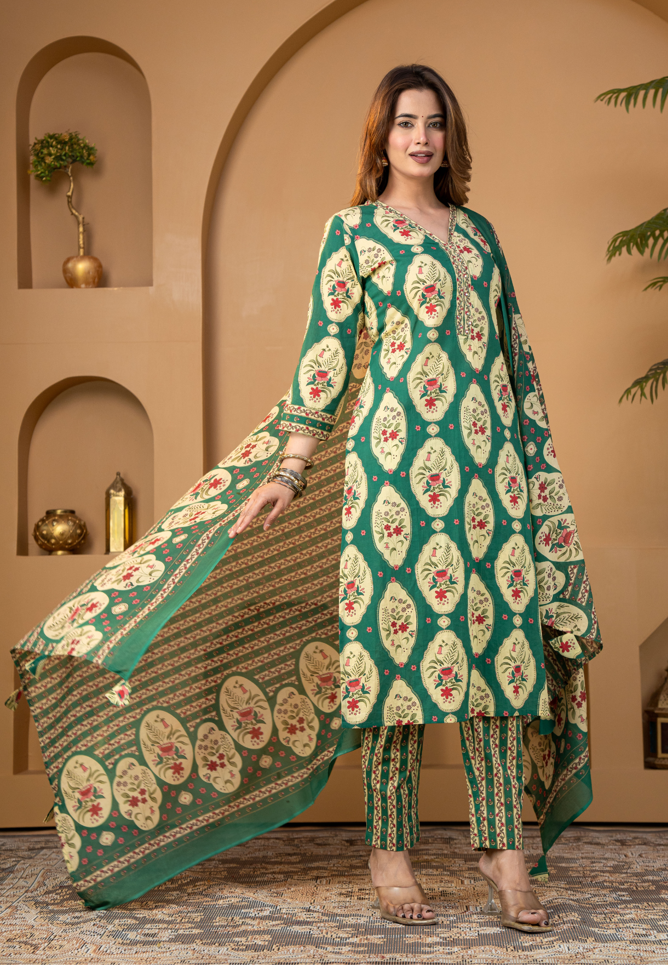 Teal Green Floral Buta Cotton Kurta Set With Dupatta