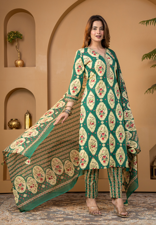 Teal Green Floral Buta Cotton Kurta Set With Dupatta