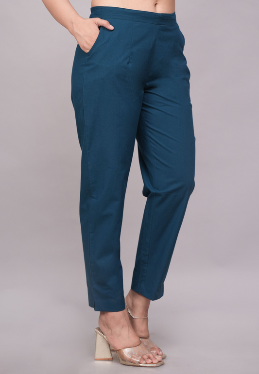 Teal Blue Cotton Pants for Women – Soft Cotton Trousers for Everyday Use