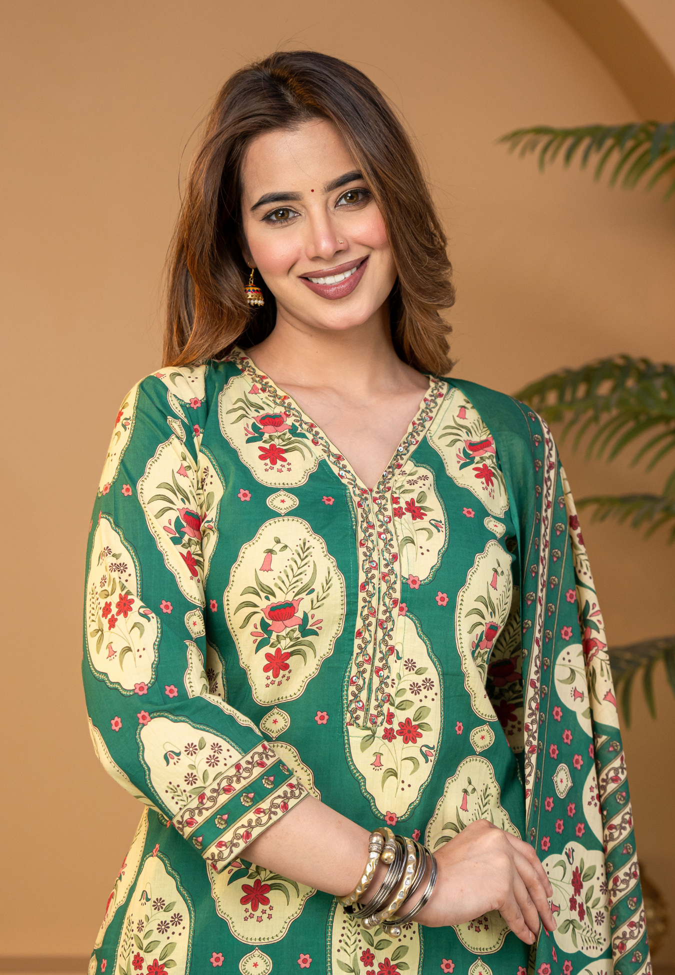 Teal Green Floral Buta Cotton Kurta Set With Dupatta