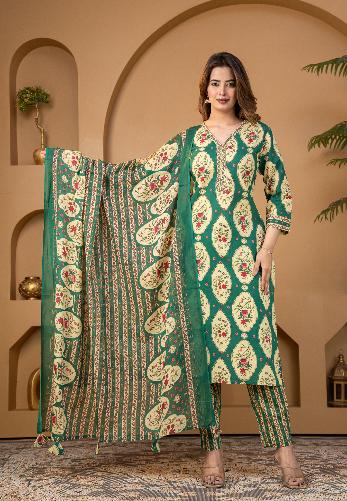 Teal Green Floral Buta Cotton Kurta Set With Dupatta