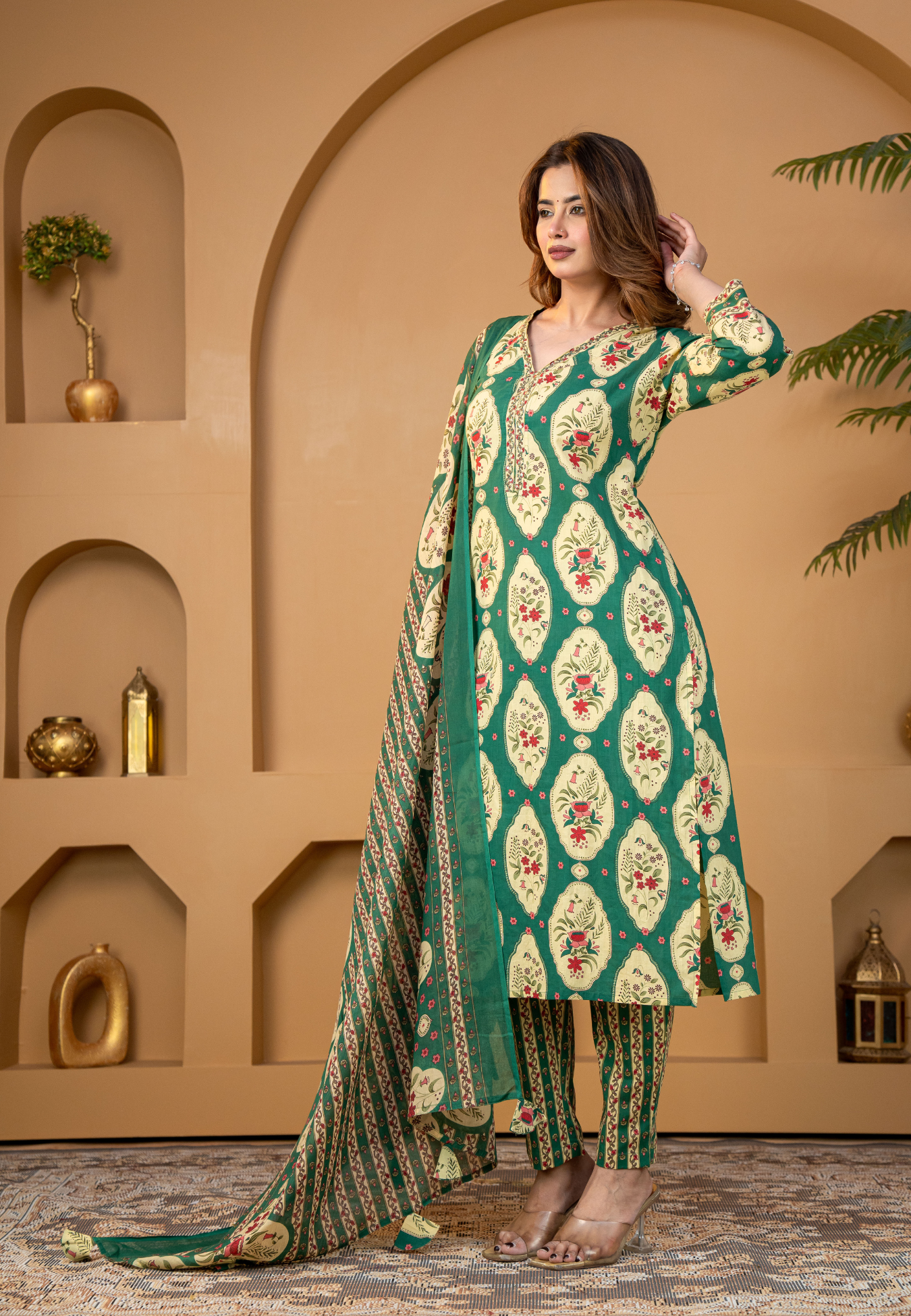 Teal Green Floral Buta Cotton Kurta Set With Dupatta