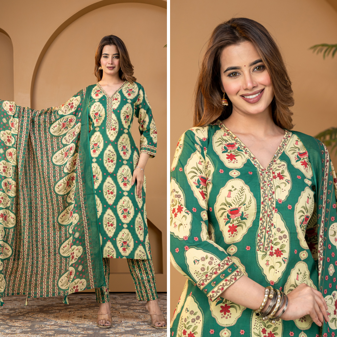 Teal Green Floral Buta Cotton Kurta Set With Dupatta