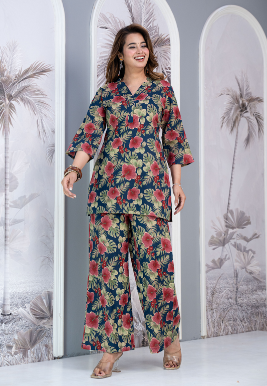 Teal Hibiscus cotton Co-ord Set