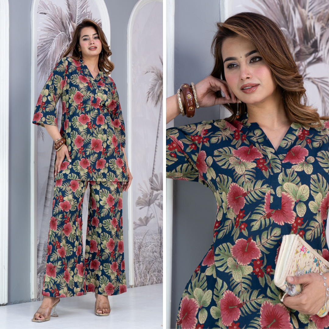 Teal Hibiscus cotton Co-ord Set