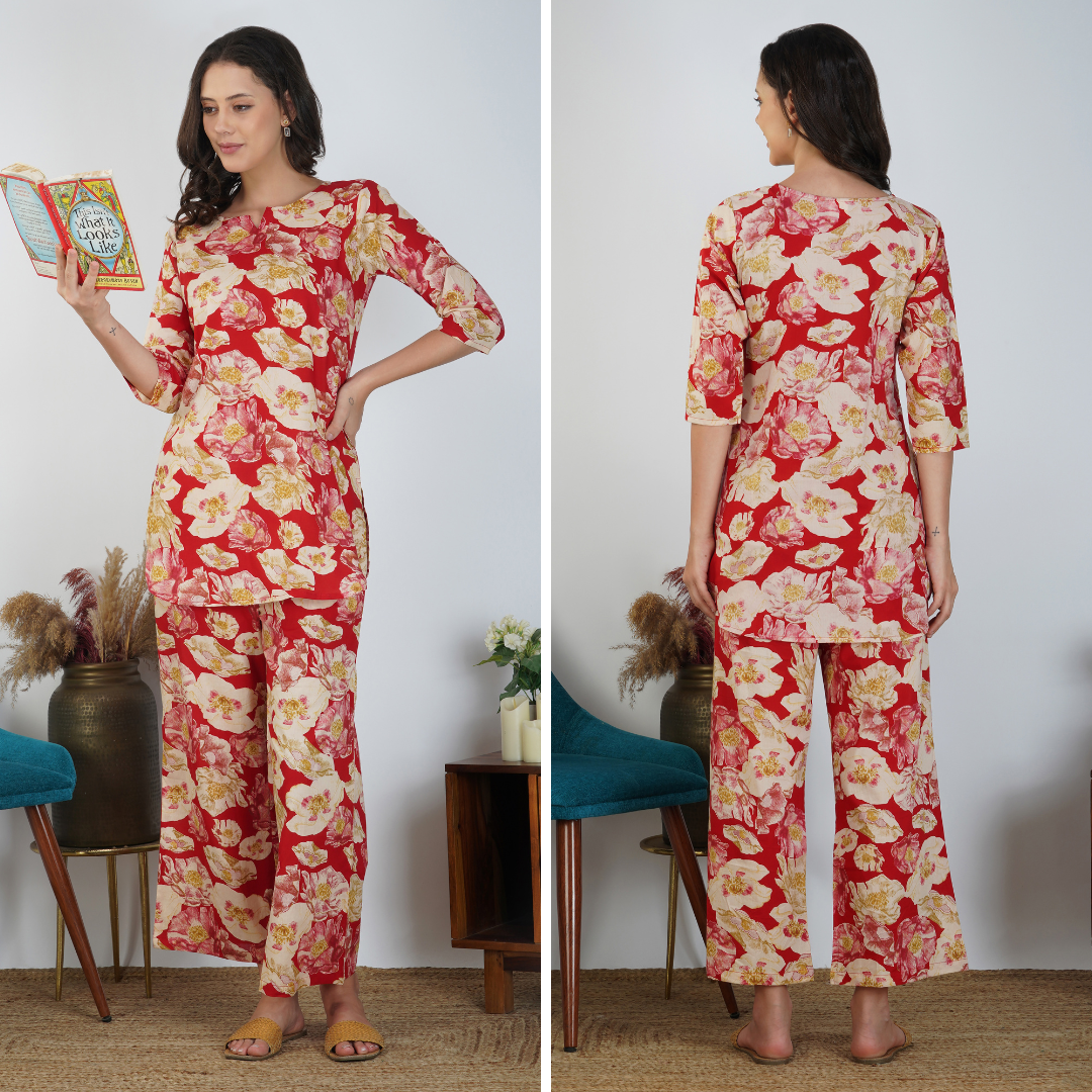 Red Floral Delight Discharge Cotton Loungewear