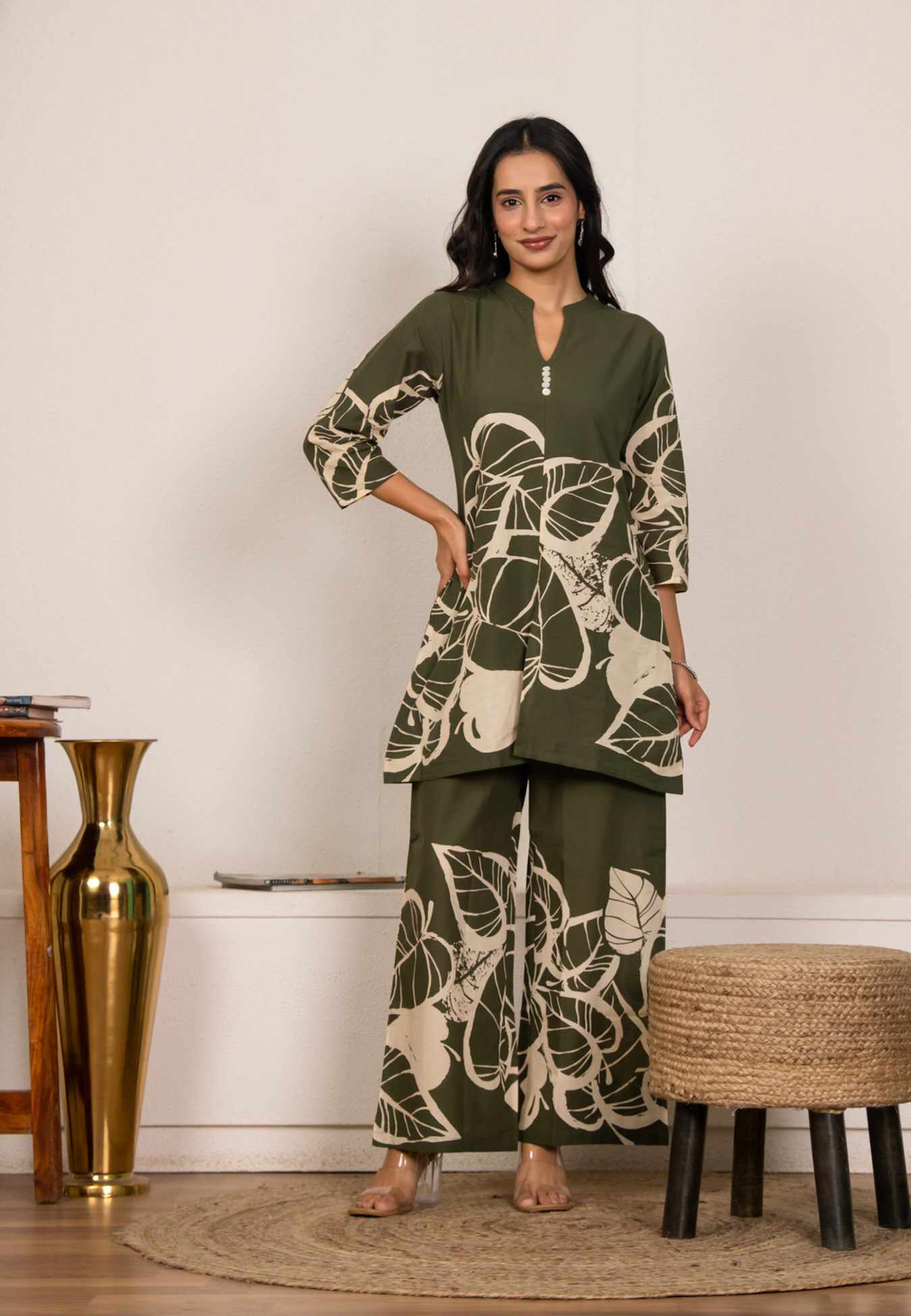 Women’s Green Cotton Co-ord Set  Leaf Print Loungewear Kurta & Pant Set
