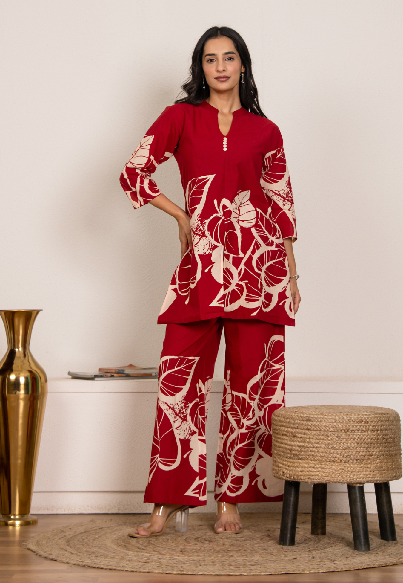 Women’s Red Cotton Co-ord Set | Leaf Print Loungewear Kurta & Pant Set
