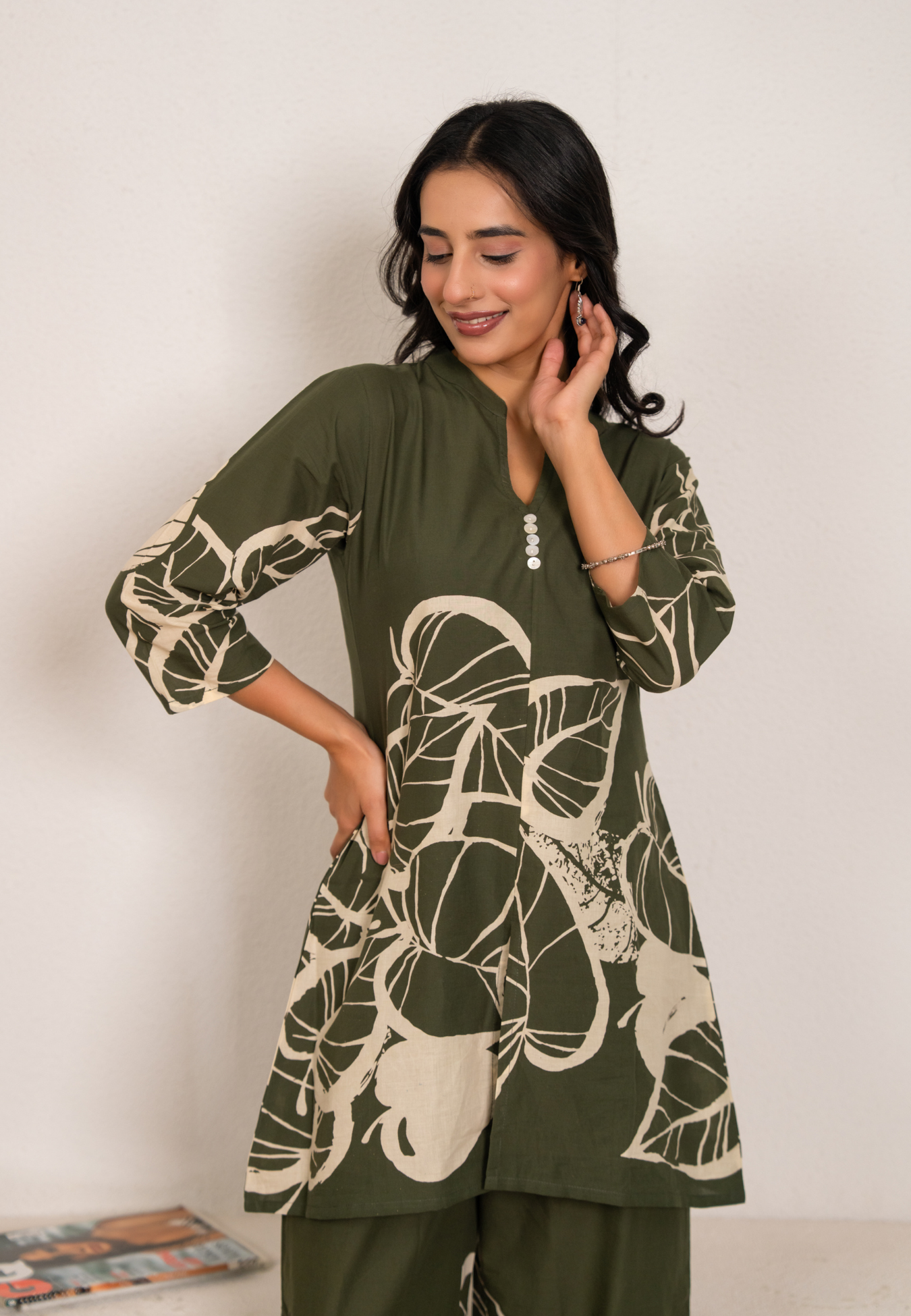 Women’s Green Cotton Co-ord Set  Leaf Print Loungewear Kurta & Pant Set