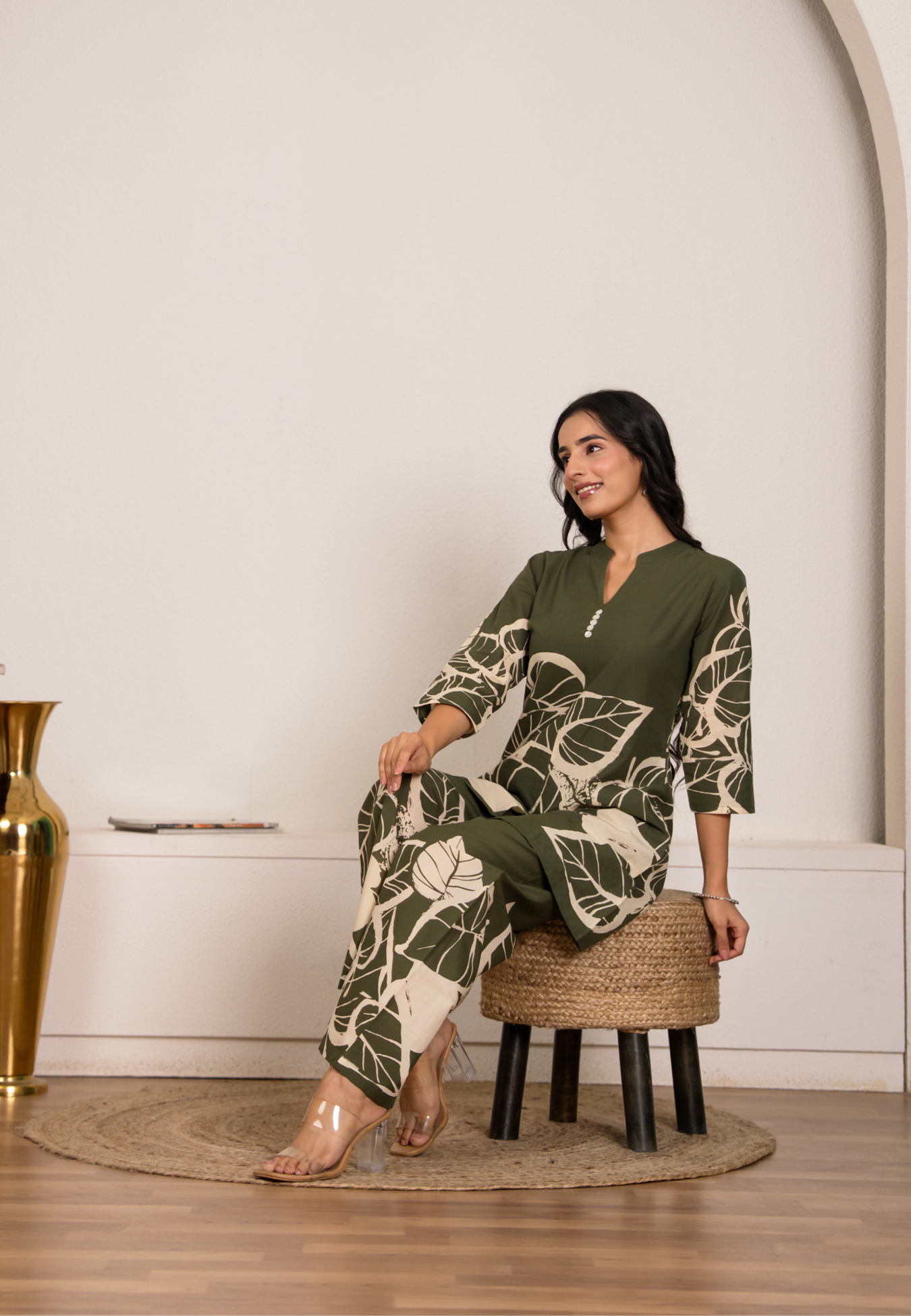 Women’s Green Cotton Co-ord Set  Leaf Print Loungewear Kurta & Pant Set
