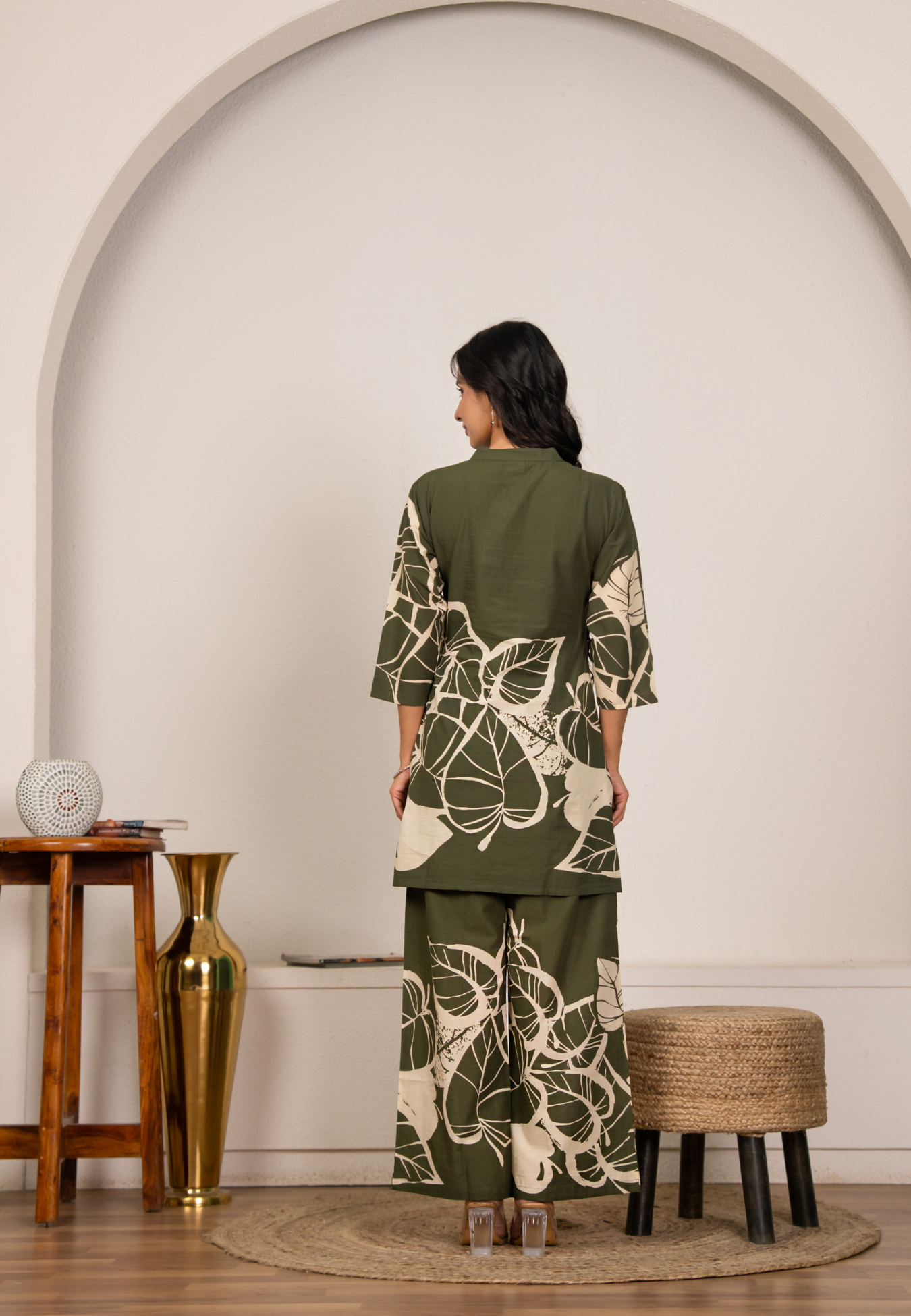 Women’s Green Cotton Co-ord Set  Leaf Print Loungewear Kurta & Pant Set