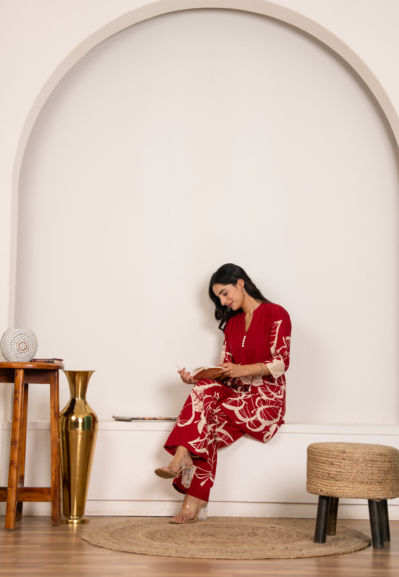 Women’s Red Cotton Co-ord Set | Leaf Print Loungewear Kurta & Pant Set