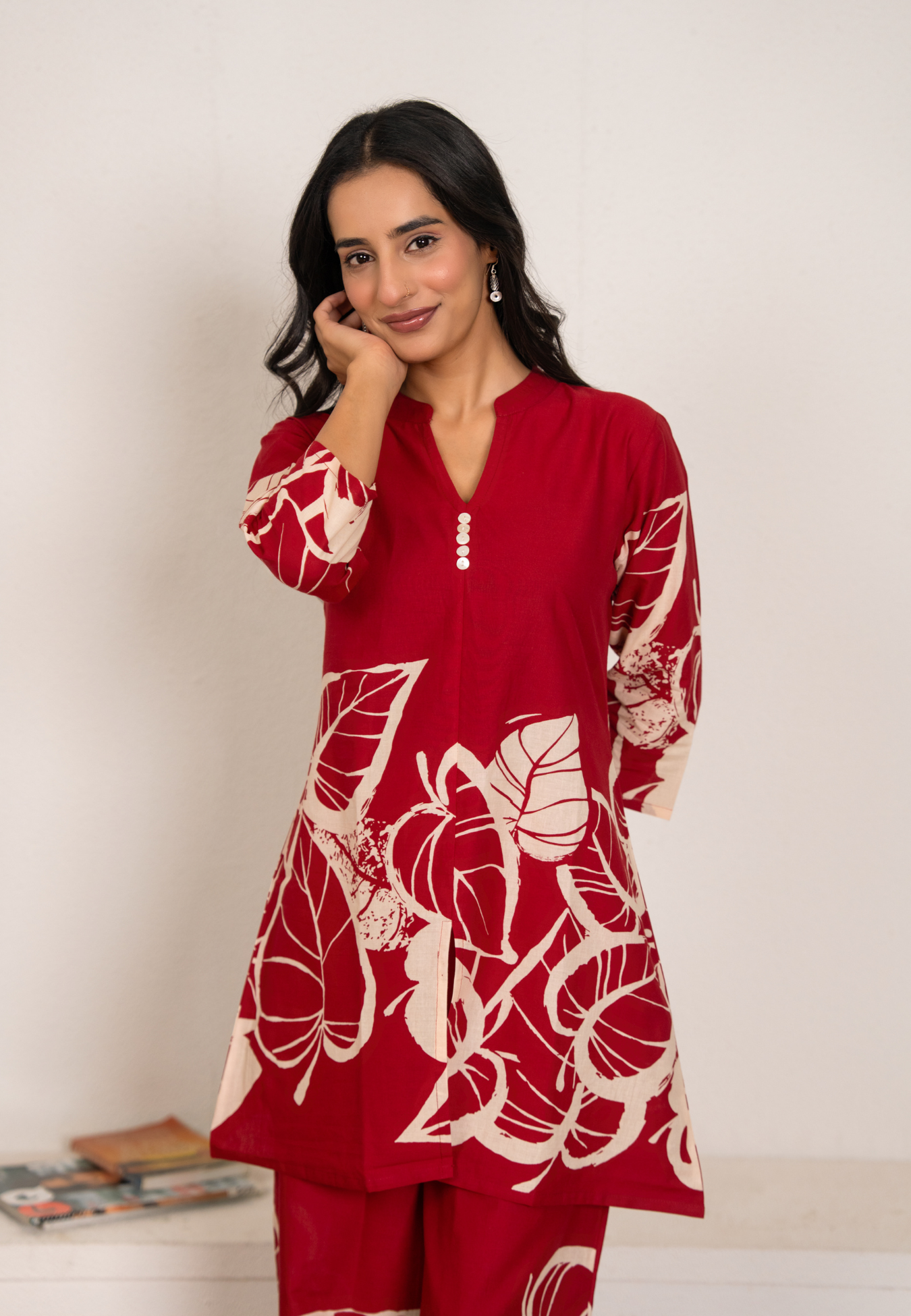 Women’s Red Cotton Co-ord Set | Leaf Print Loungewear Kurta & Pant Set