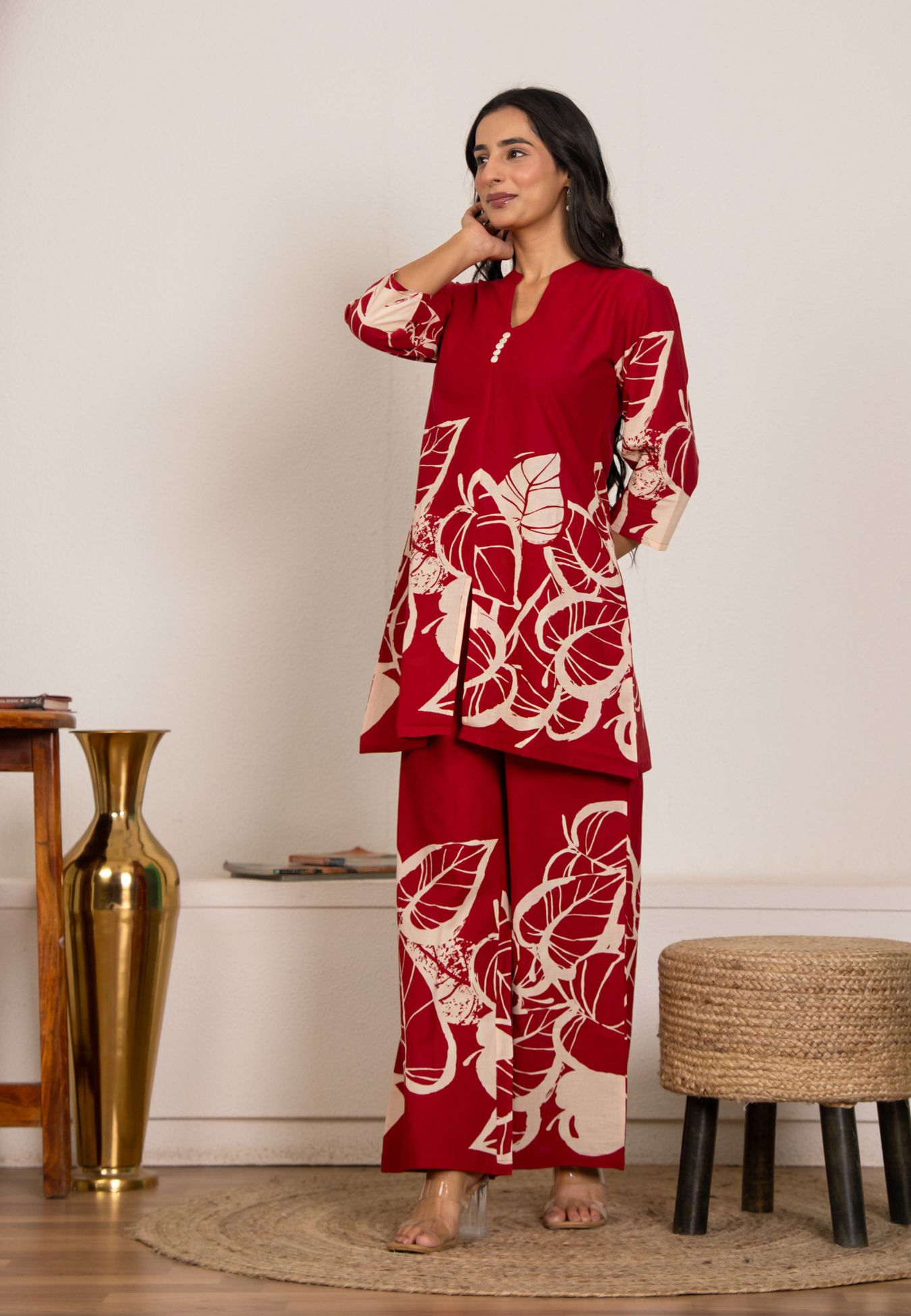 Women’s Red Cotton Co-ord Set | Leaf Print Loungewear Kurta & Pant Set