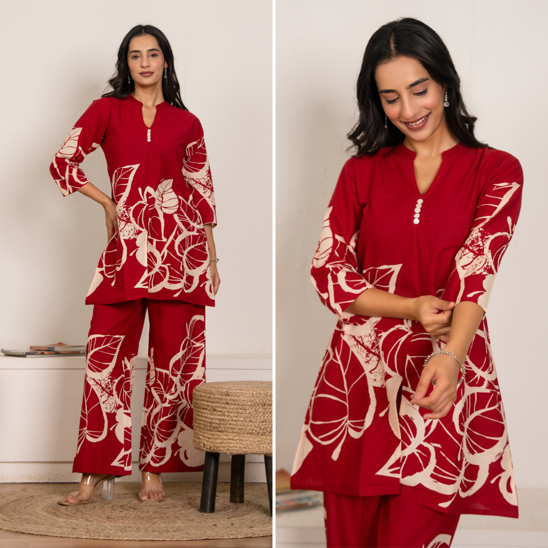 Women’s Red Cotton Co-ord Set | Leaf Print Loungewear Kurta & Pant Set